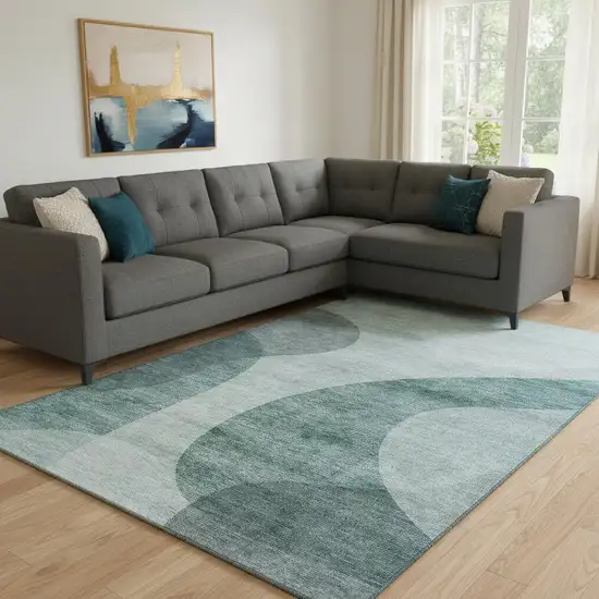 Green And Gray Geometric Washable Area Rug With UV Protection Photo 1