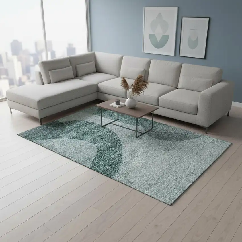 Green And Gray Geometric Washable Area Rug With UV Protection Photo 3