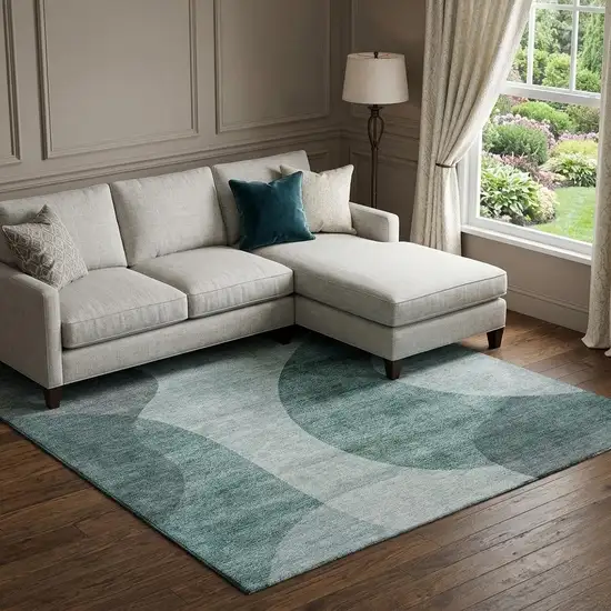 Green And Gray Geometric Washable Area Rug With UV Protection Photo 1