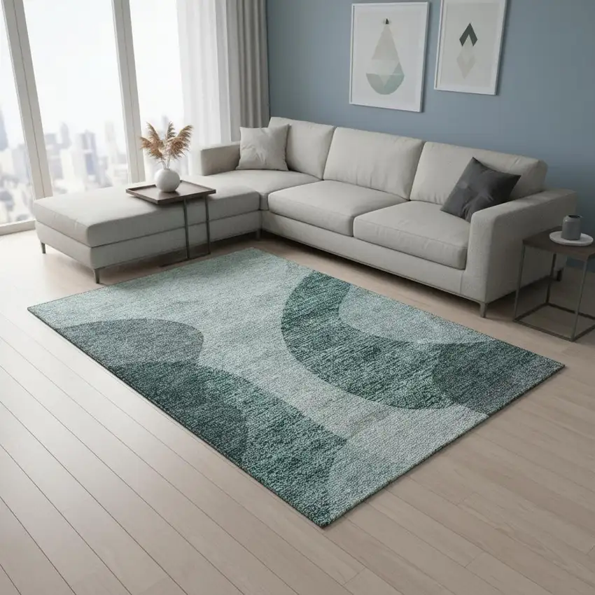 Green And Gray Geometric Washable Area Rug With UV Protection Photo 3