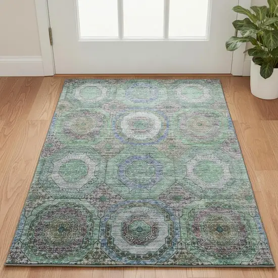 Green And Gray Geometric Washable Area Rug With UV Protection Photo 2