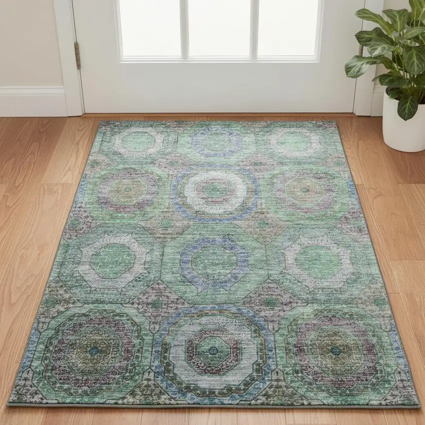 Green And Gray Geometric Washable Area Rug With UV Protection Photo 2