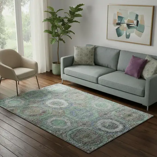 Green And Gray Geometric Washable Area Rug With UV Protection Photo 2