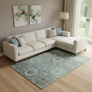 Photo of Green And Gray Geometric Washable Area Rug With UV Protection