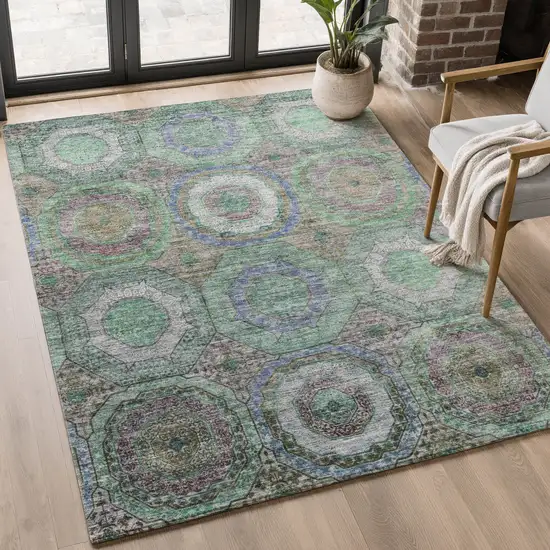 Green And Gray Geometric Washable Area Rug With UV Protection Photo 5