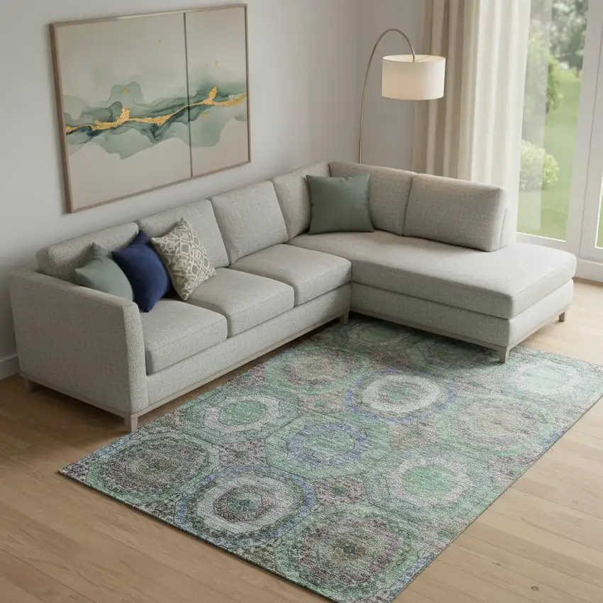 Green And Gray Geometric Washable Area Rug With UV Protection Photo 2