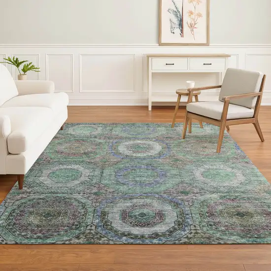 Green And Gray Geometric Washable Area Rug With UV Protection Photo 6