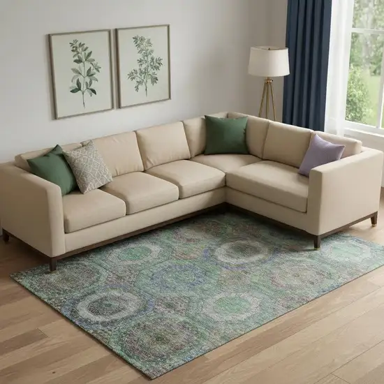 Green And Gray Geometric Washable Area Rug With UV Protection Photo 2