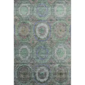 Photo of Green And Gray Geometric Washable Area Rug With UV Protection