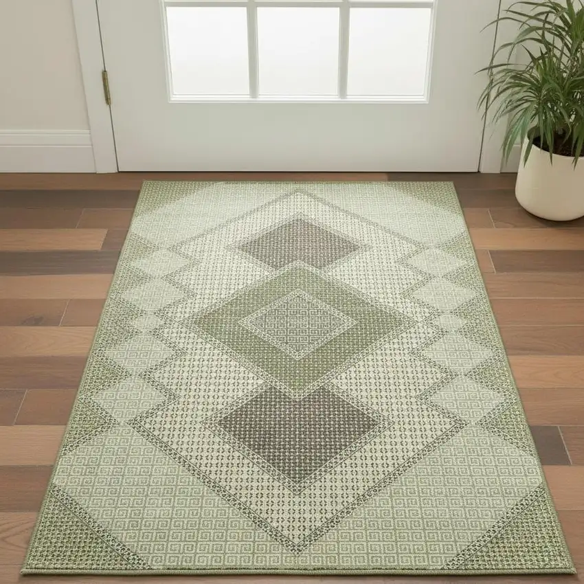 Green And Gray Geometric Washable Area Rug With UV Protection Photo 2