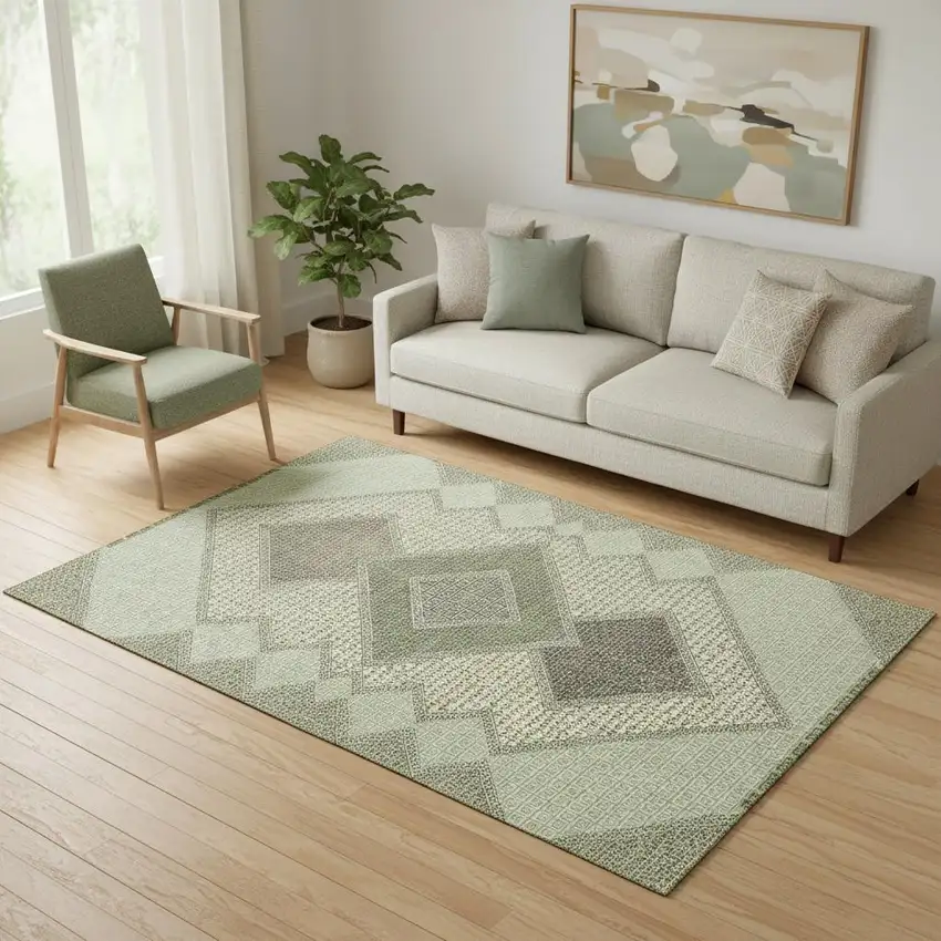 Green And Gray Geometric Washable Area Rug With UV Protection Photo 2