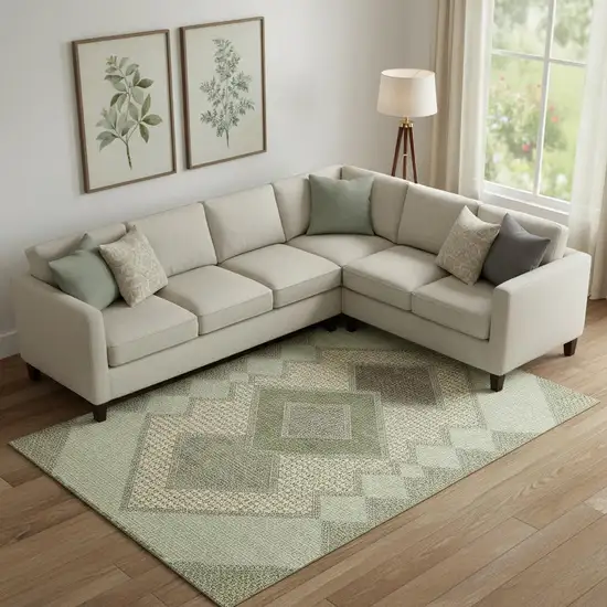 Green And Gray Geometric Washable Area Rug With UV Protection Photo 2