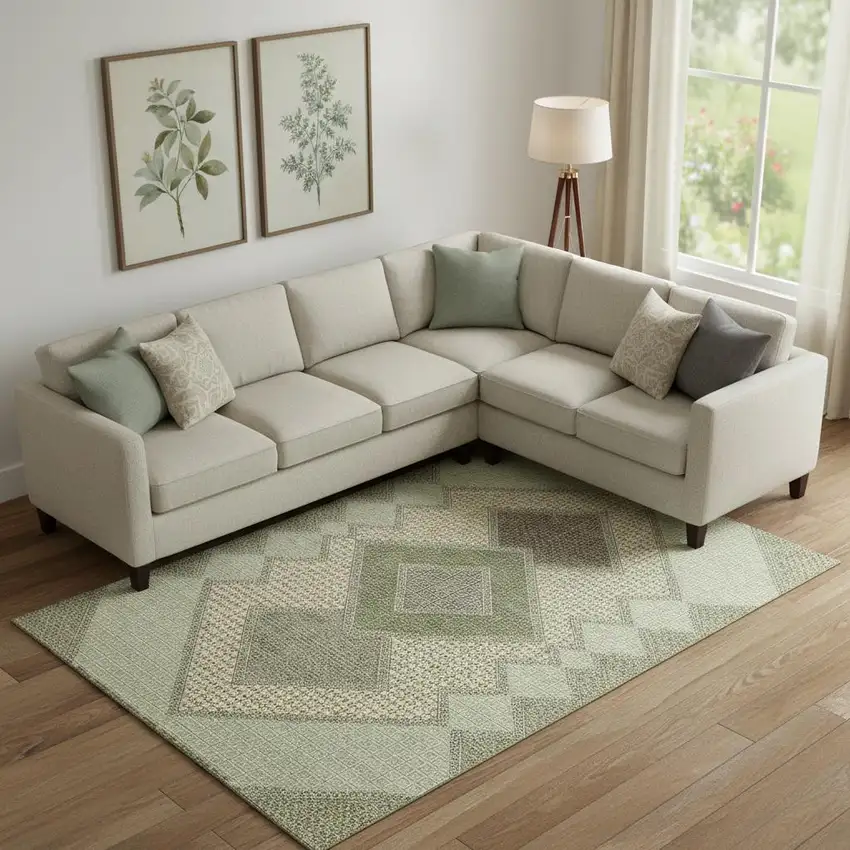 Green And Gray Geometric Washable Area Rug With UV Protection Photo 2