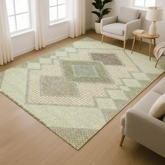 Green And Gray Geometric Washable Area Rug With UV Protection Photo 6