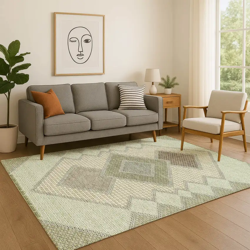 Green And Gray Geometric Washable Area Rug With UV Protection Photo 5
