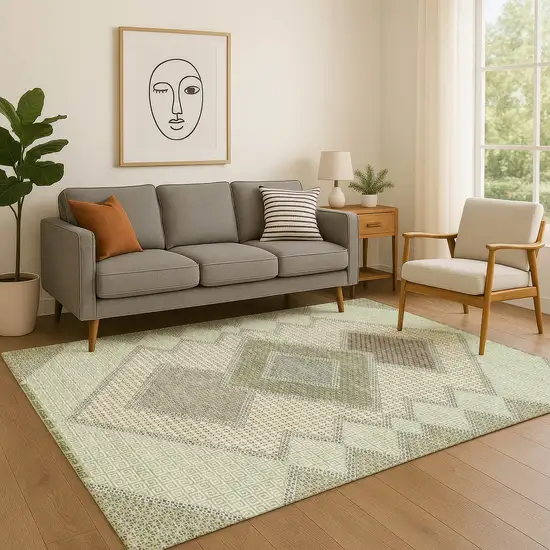Green And Gray Geometric Washable Area Rug With UV Protection Photo 5