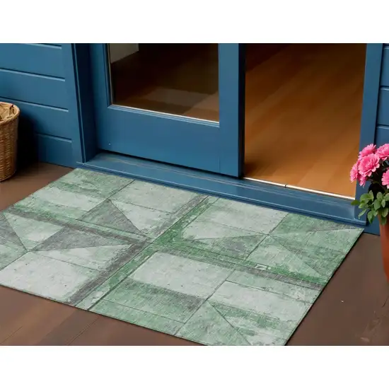 Green And Gray Geometric Washable Indoor Outdoor Area Rug Photo 2