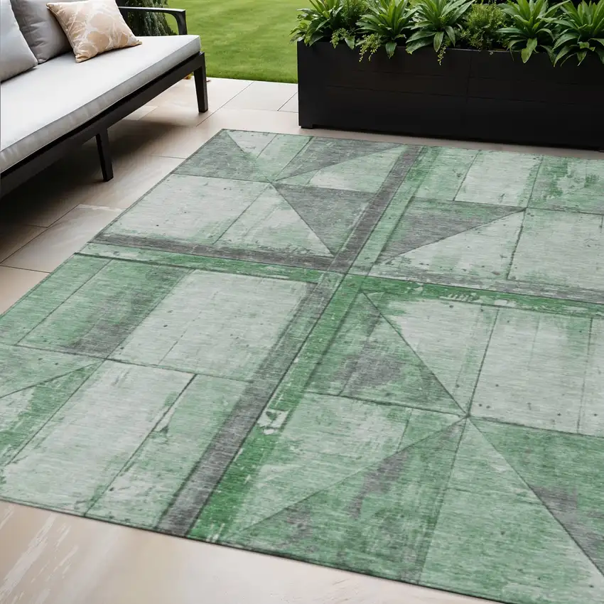 Green And Gray Geometric Washable Indoor Outdoor Area Rug Photo 2