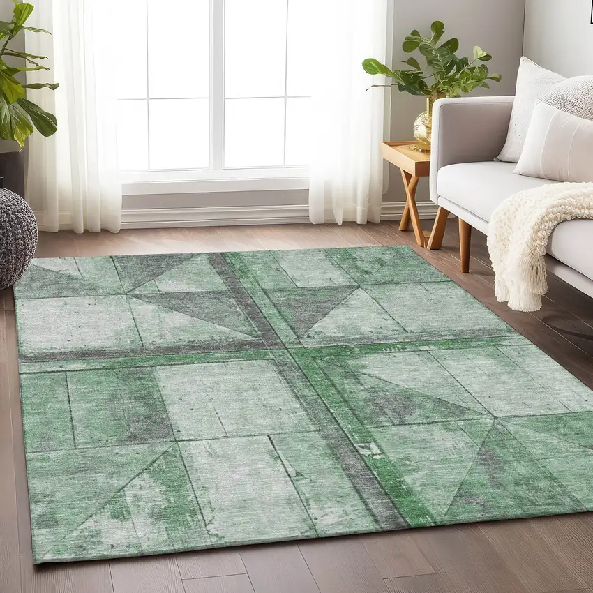 Green And Gray Geometric Washable Indoor Outdoor Area Rug Photo 6