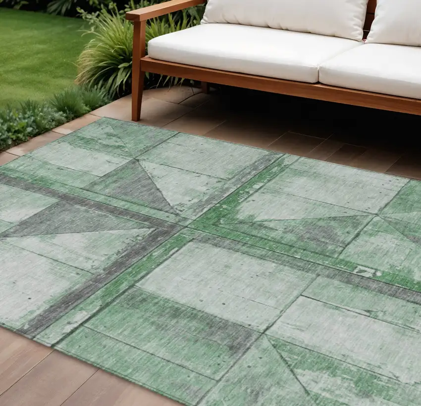 Green And Gray Geometric Washable Indoor Outdoor Area Rug Photo 2