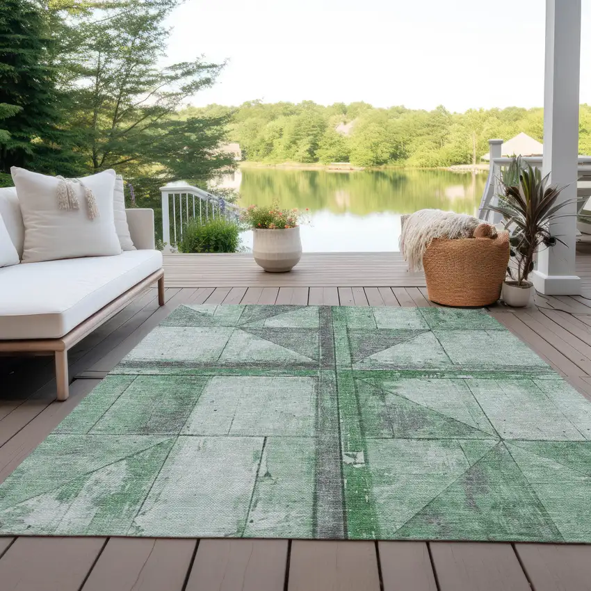 Green And Gray Geometric Washable Indoor Outdoor Area Rug Photo 5