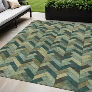 Photo of Green And Gray Geometric Washable Indoor Outdoor Area Rug