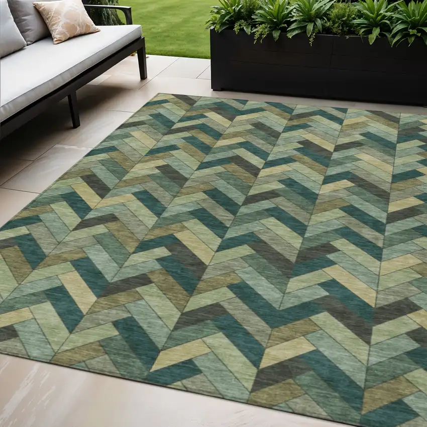 Green And Gray Geometric Washable Indoor Outdoor Area Rug Photo 1