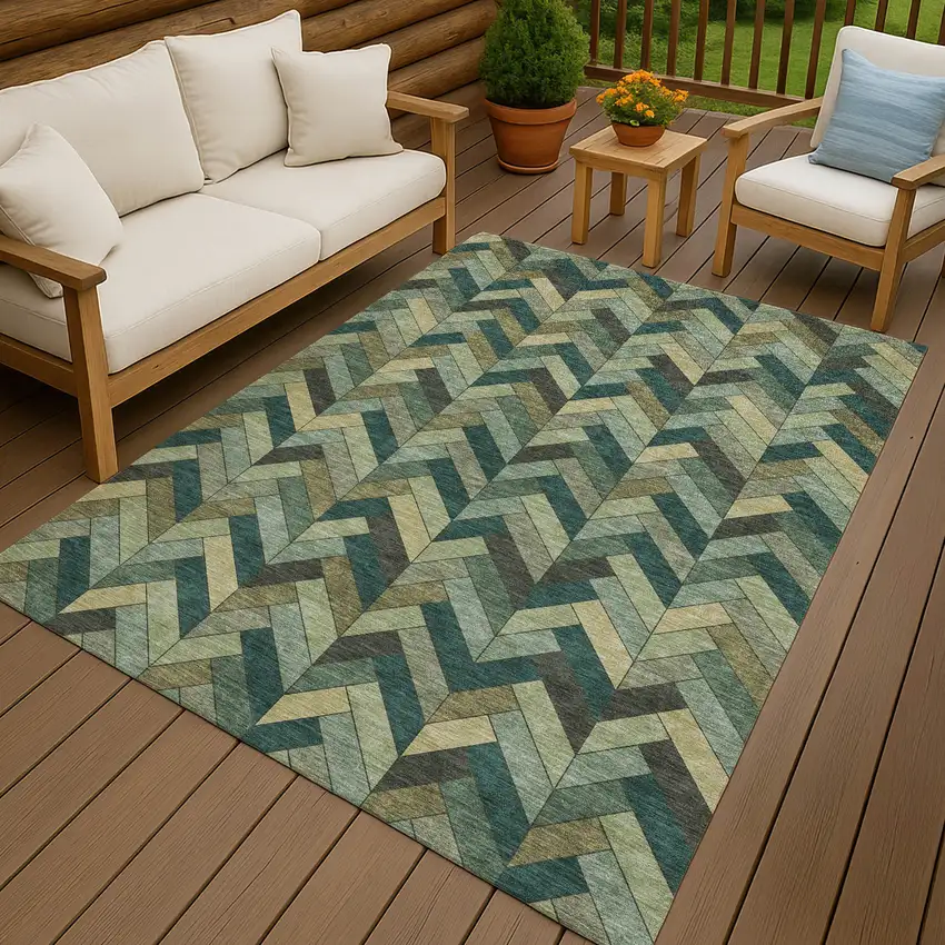 Green And Gray Geometric Washable Indoor Outdoor Area Rug Photo 9