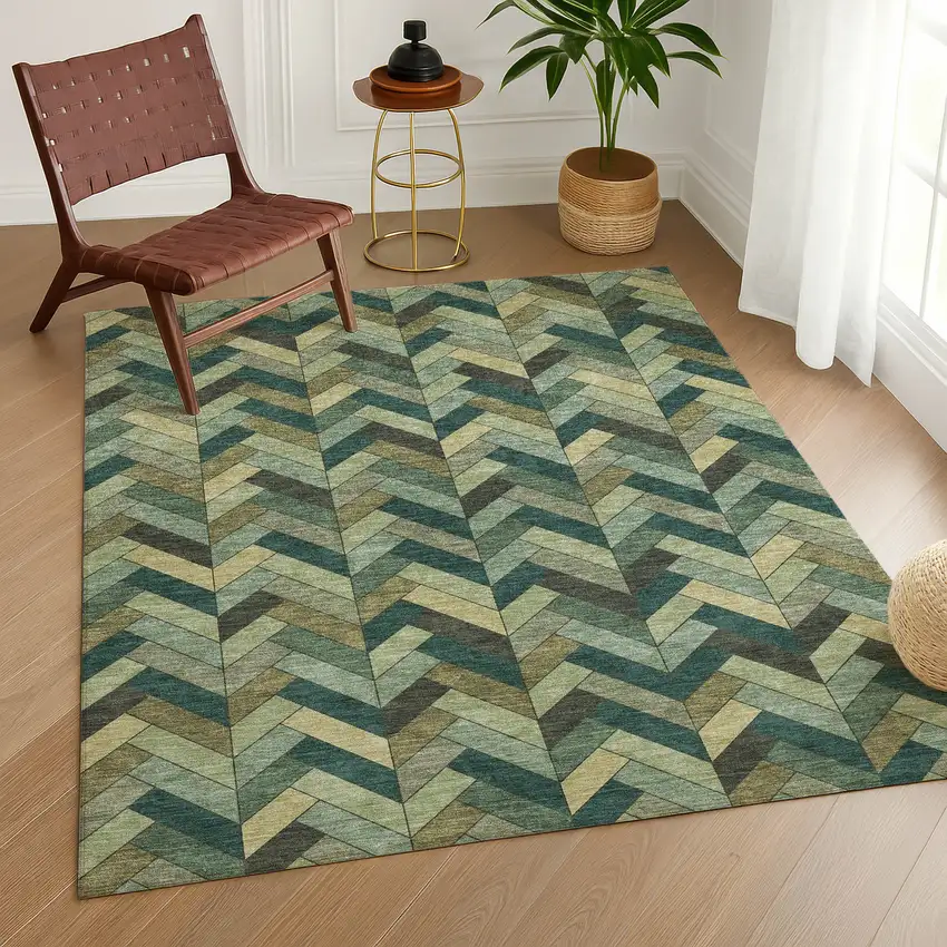 Green And Gray Geometric Washable Indoor Outdoor Area Rug Photo 9