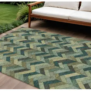 Photo of Green And Gray Geometric Washable Indoor Outdoor Area Rug