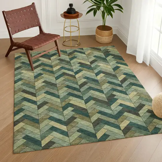 Green And Gray Geometric Washable Indoor Outdoor Area Rug Photo 9