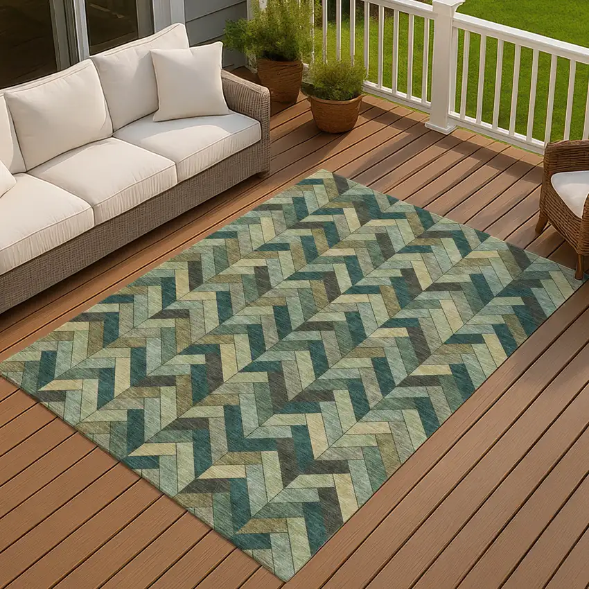 Green And Gray Geometric Washable Indoor Outdoor Area Rug Photo 8