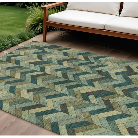Green And Gray Geometric Washable Indoor Outdoor Area Rug Photo 1