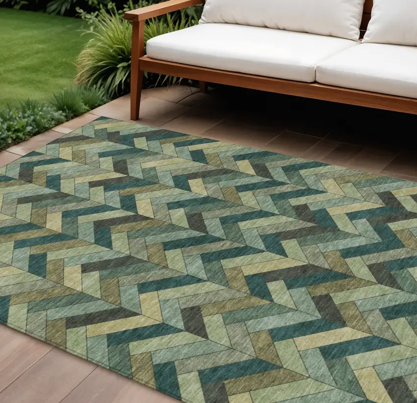 Green And Gray Geometric Washable Indoor Outdoor Area Rug Photo 1