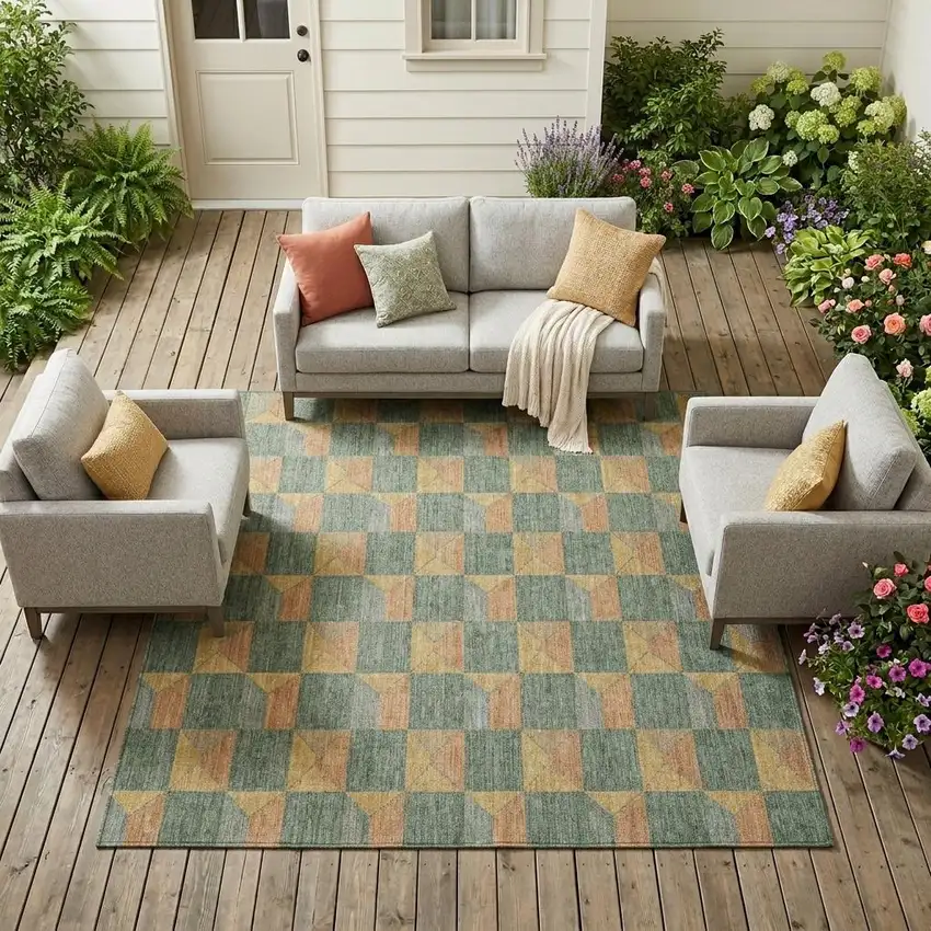 Green And Gray Geometric Washable Indoor Outdoor Area Rug Photo 1