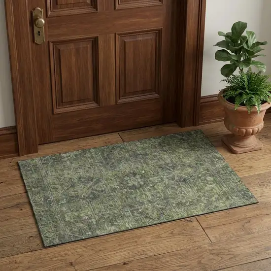 Green And Gray Medallion Distressed Washable Area Rug With UV Protection Photo 1