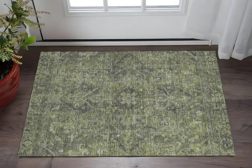 Green And Gray Oriental Washable Area Rug With UV Protection Photo 2