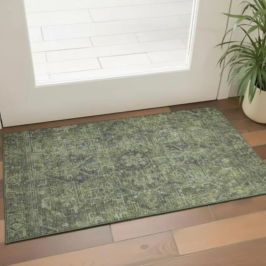 Green And Gray Oriental Washable Area Rug With UV Protection Photo 1