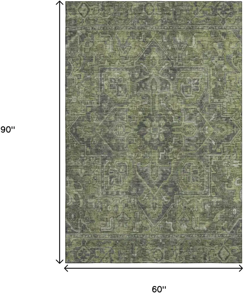 Green And Gray Medallion Distressed Washable Area Rug With UV Protection Photo 7