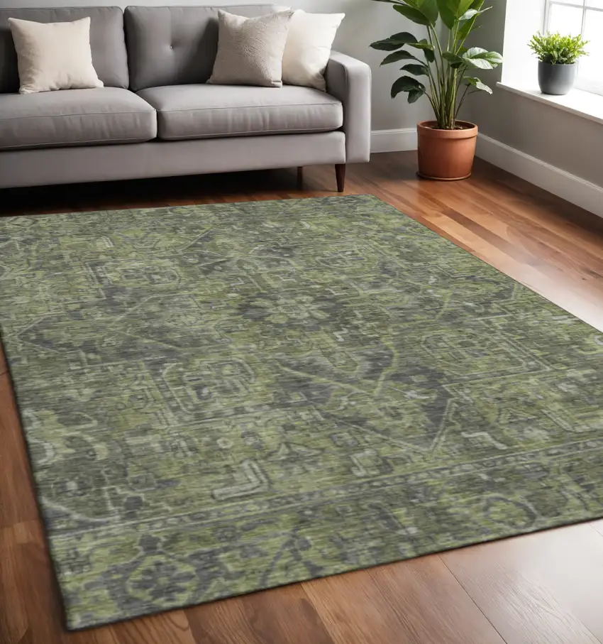 Green And Gray Oriental Washable Area Rug With UV Protection Photo 2