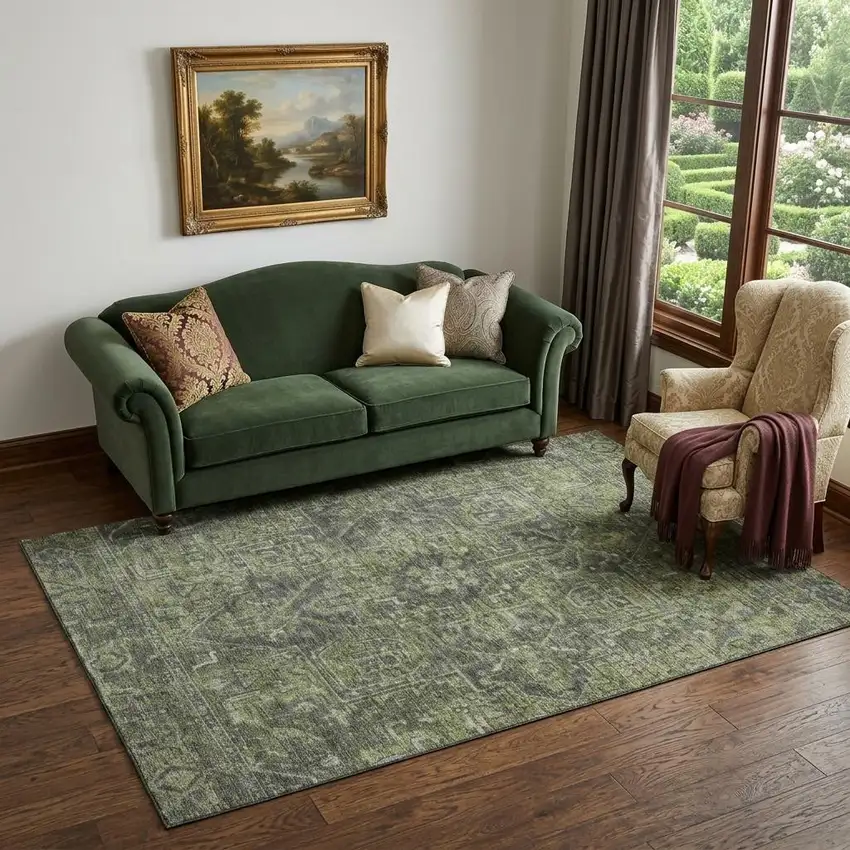 Green And Gray Medallion Distressed Washable Area Rug With UV Protection Photo 1