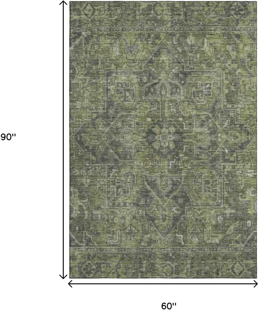 Green And Gray Medallion Distressed Washable Area Rug With UV Protection Photo 9