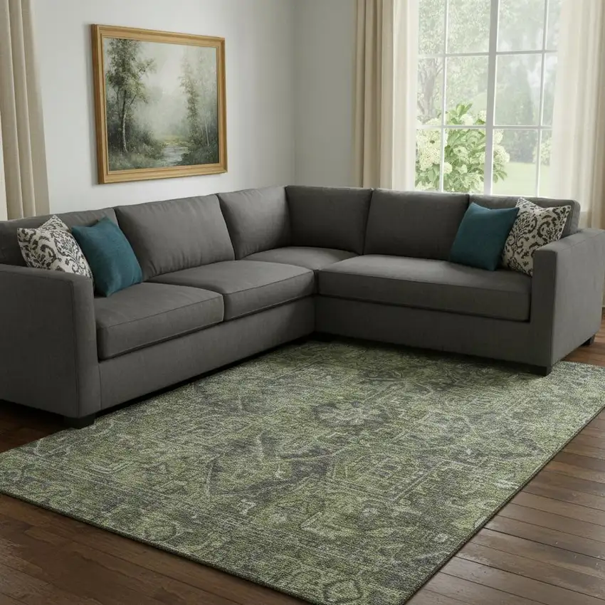 Green And Gray Oriental Washable Area Rug With UV Protection Photo 1