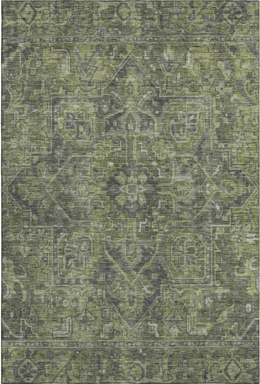 Green And Gray Oriental Washable Area Rug With UV Protection Photo 1