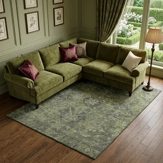 Green And Gray Medallion Distressed Washable Area Rug With UV Protection Photo 1