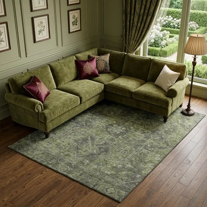 Green And Gray Medallion Distressed Washable Area Rug With UV Protection Photo 1