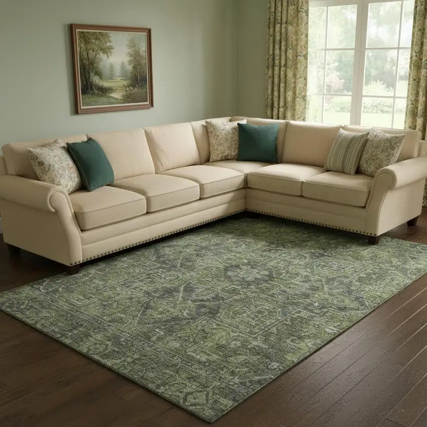 Green And Gray Oriental Washable Area Rug With UV Protection Photo 1