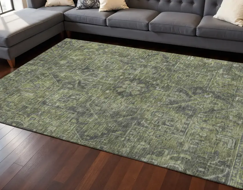 Green And Gray Oriental Washable Area Rug With UV Protection Photo 2
