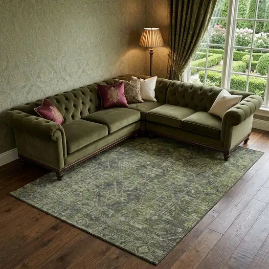 Green And Gray Medallion Distressed Washable Area Rug With UV Protection Photo 1