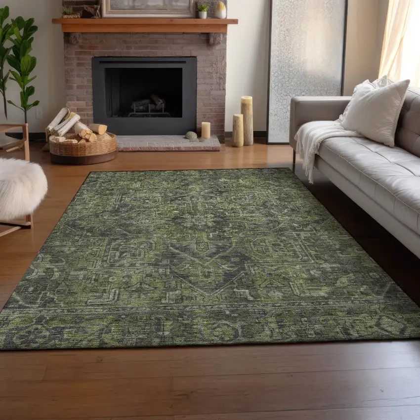 Green And Gray Oriental Washable Area Rug With UV Protection Photo 6